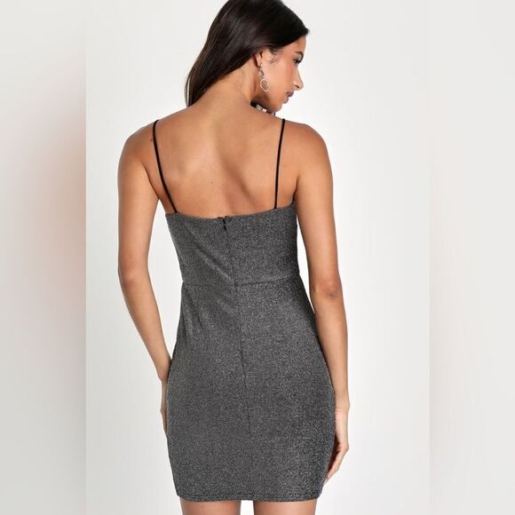 Lulus Take Me Anywhere Silver Sparkly Asymmetrical Bodycon Mini Dress size m - Picture 2 of 8